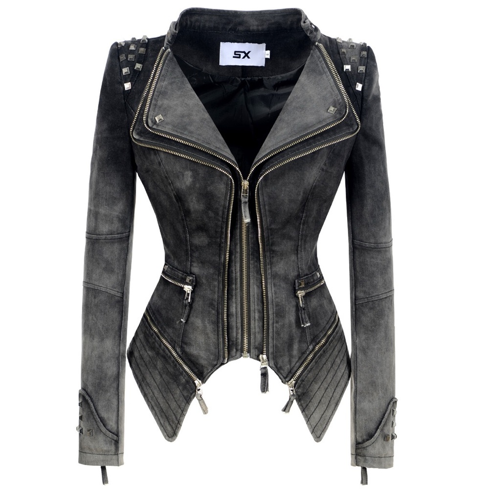 Women's Black Grey Zippers & Studs Moto Grunge Jean Jacket by SX. Size S M